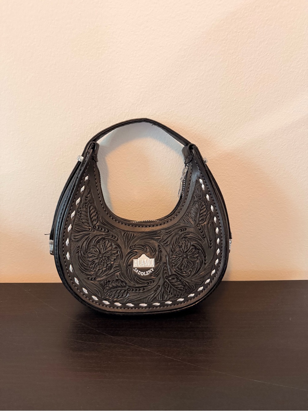 Alamo Saddlery Black Tooled Leather Crescent Clutch